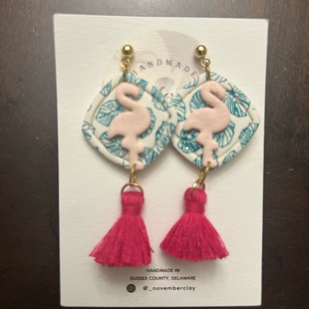 Flamingo and Leaf Dangle Earrings with Pink Tassels